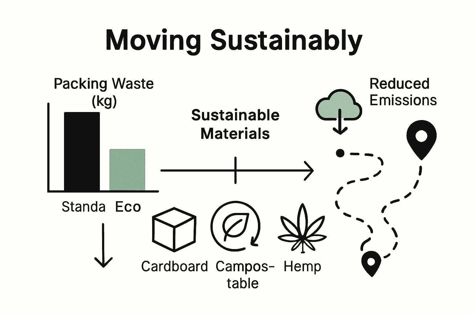 Infographic showing reduced moving waste and emissions using eco-friendly materials.