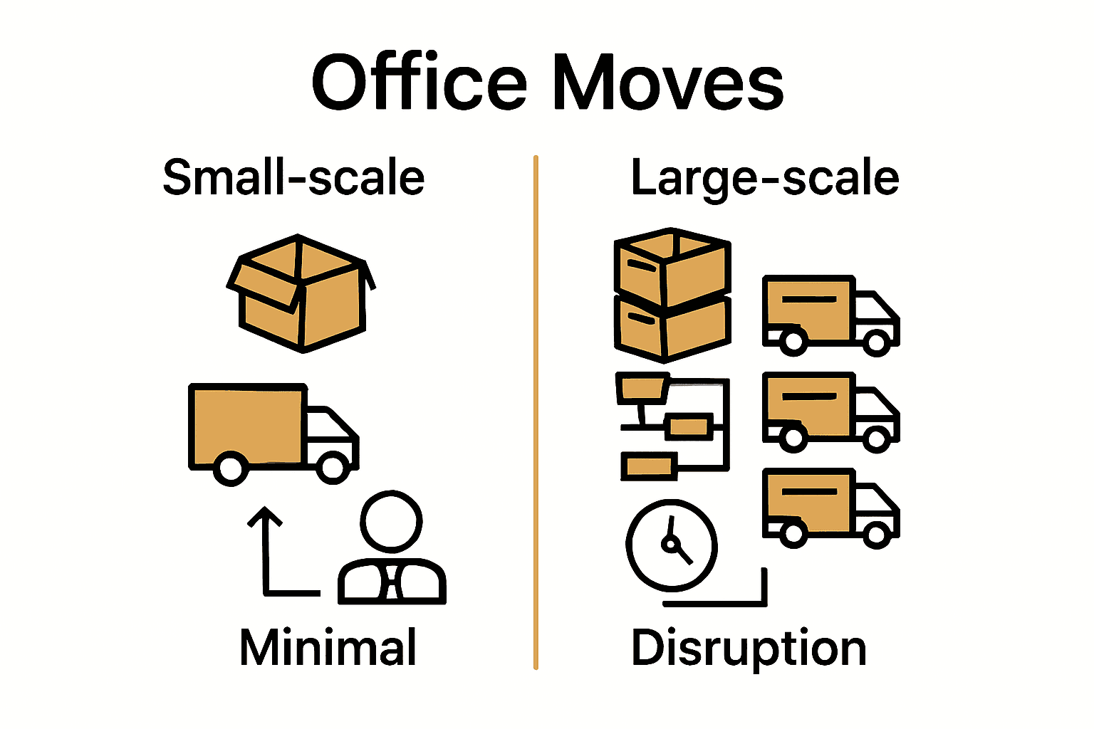 Infographic comparing small-scale and large-scale office relocations with icons for packing, trucks, and planning.