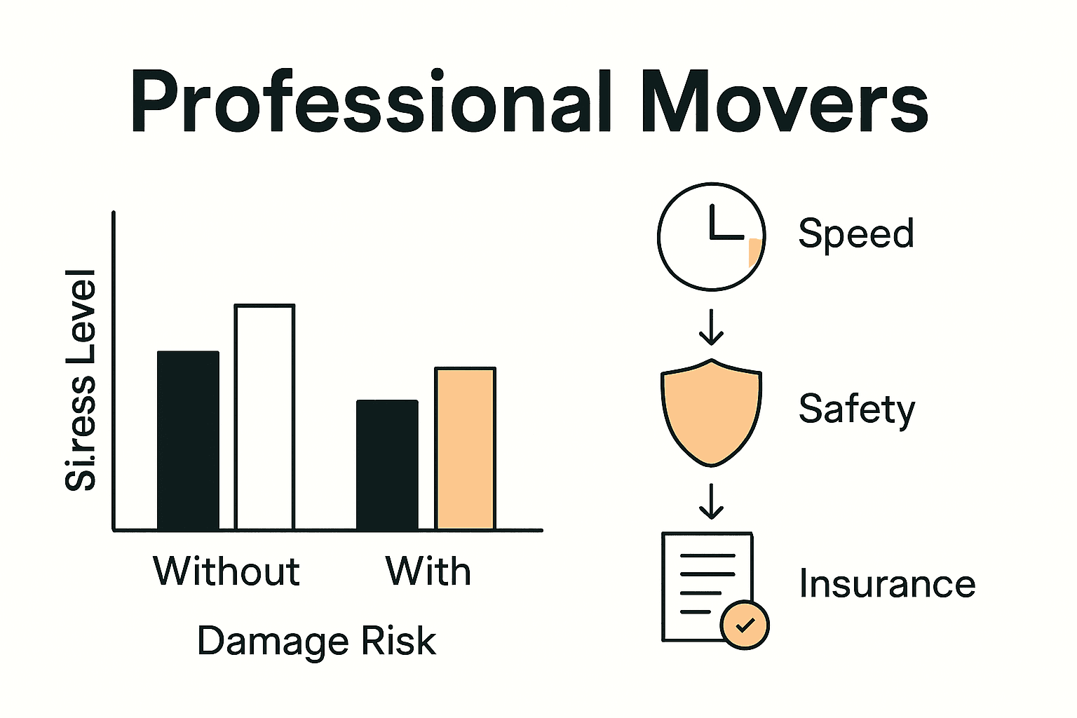 Bar chart comparing stress and risk with or without movers, plus icons for speed, safety, and insurance.