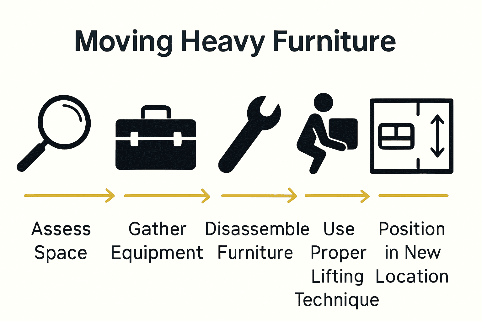 Infographic diagram illustrating 5 safe heavy furniture moving steps with icons and labels