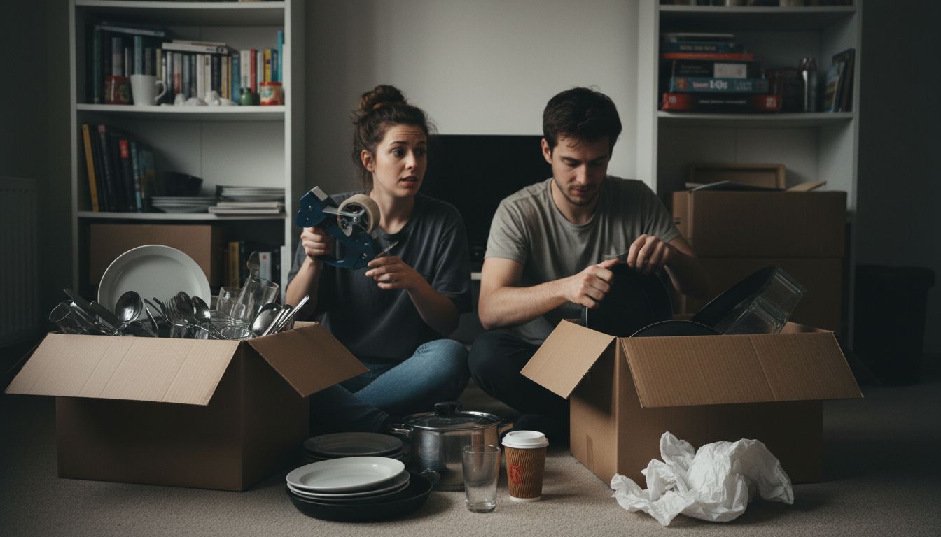 Couple packing DIY in cramped space