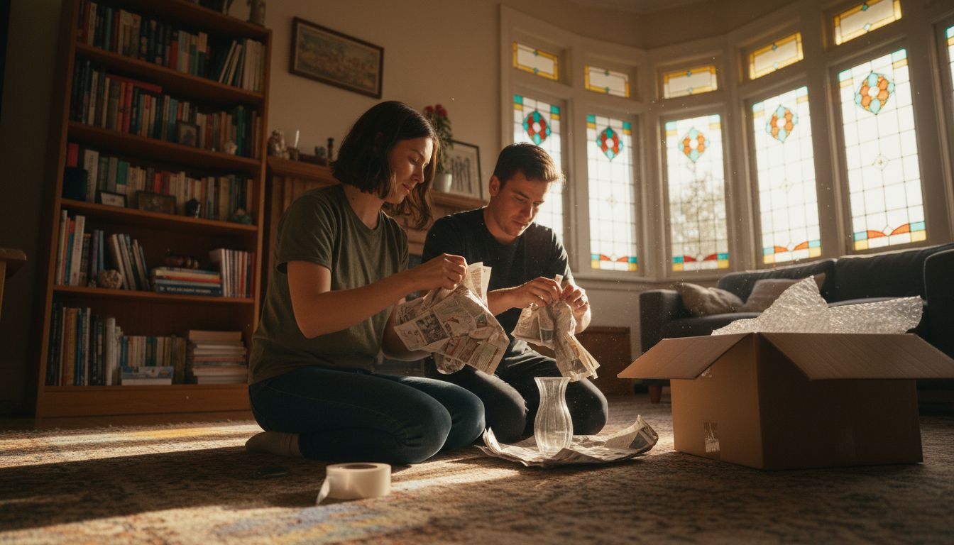 Couple packing fragile items together