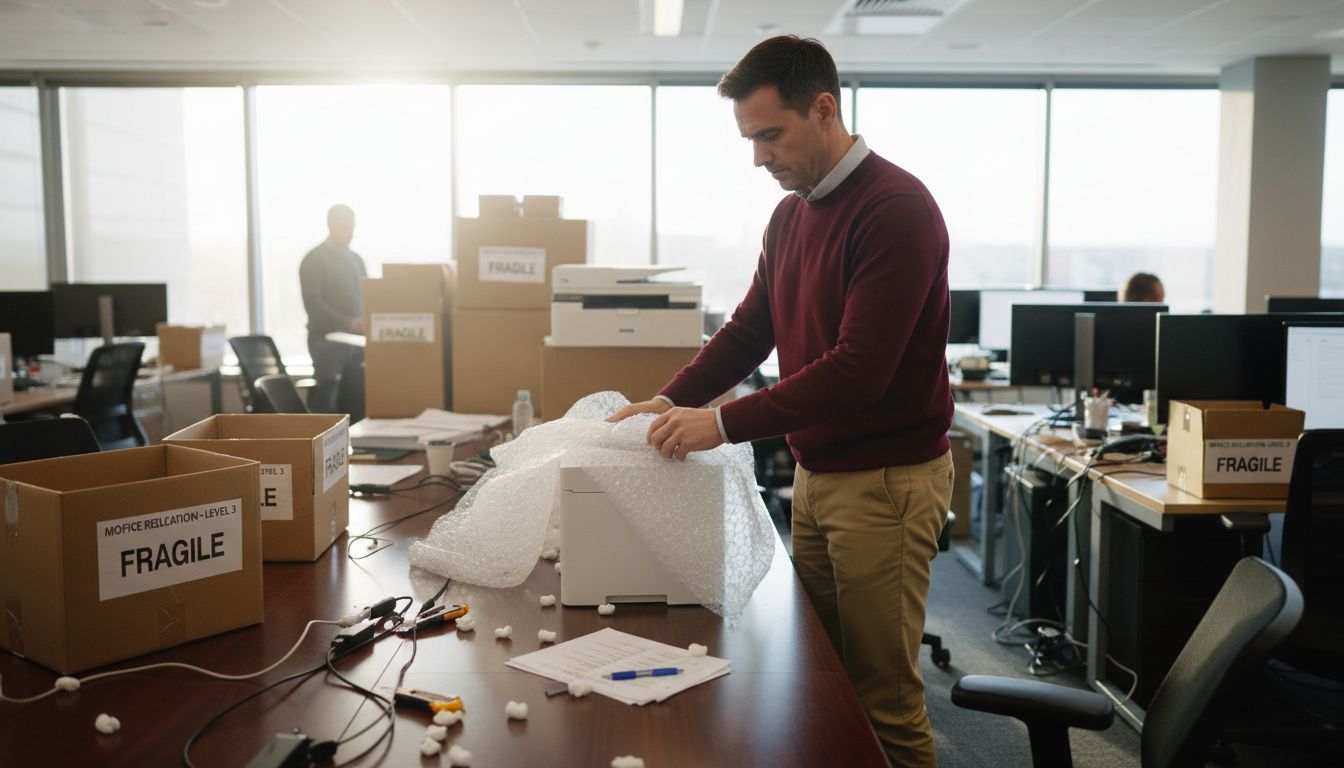 Packing office equipment with protective materials