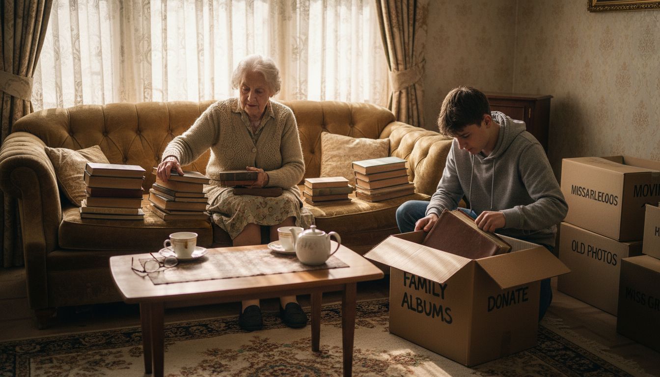 Senior and grandson sorting moving boxes
