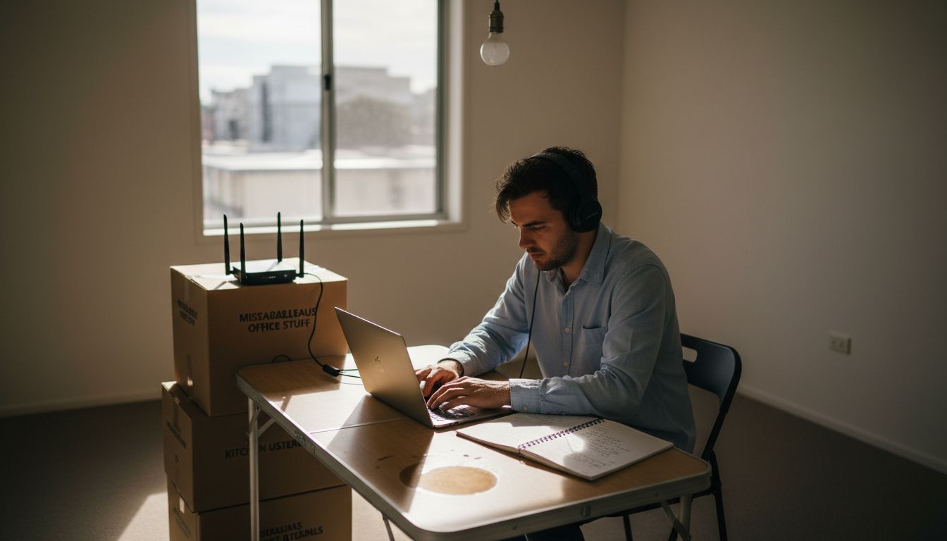 Man using laptop in a makeshift workspace