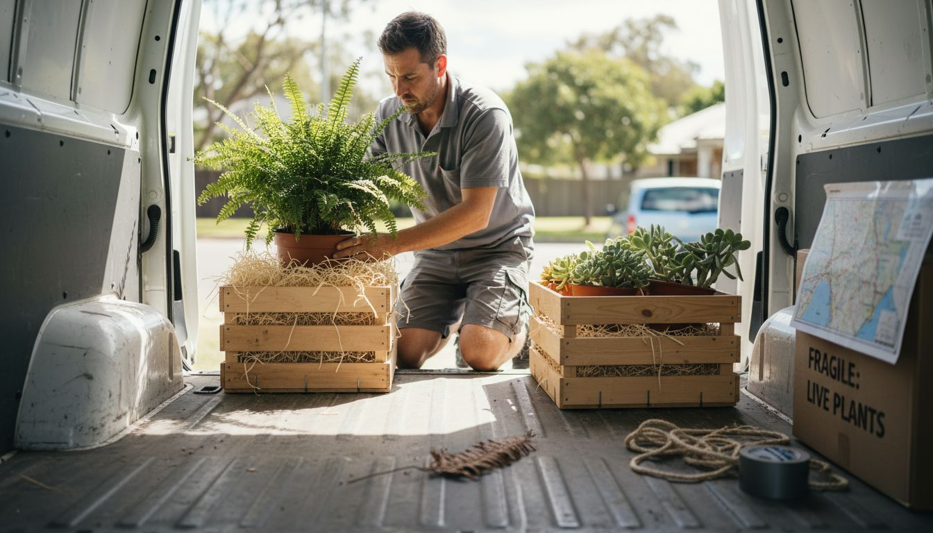 Inside van with plants packed for moving