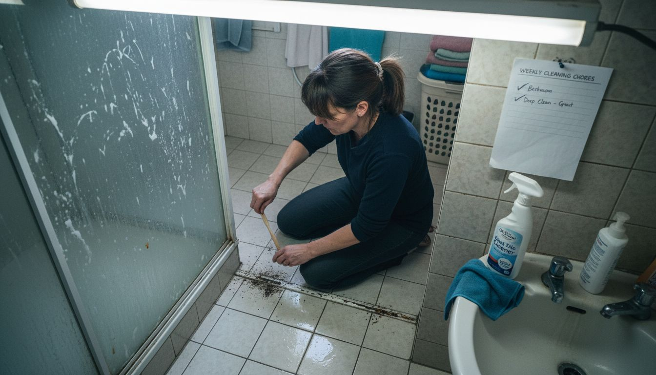 Woman scrubbing tiles in small bathroom