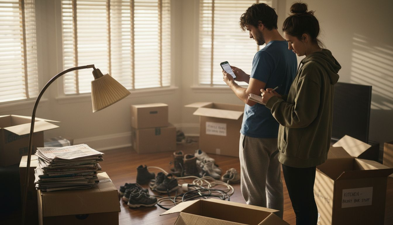 Couple planning moving date in cluttered room