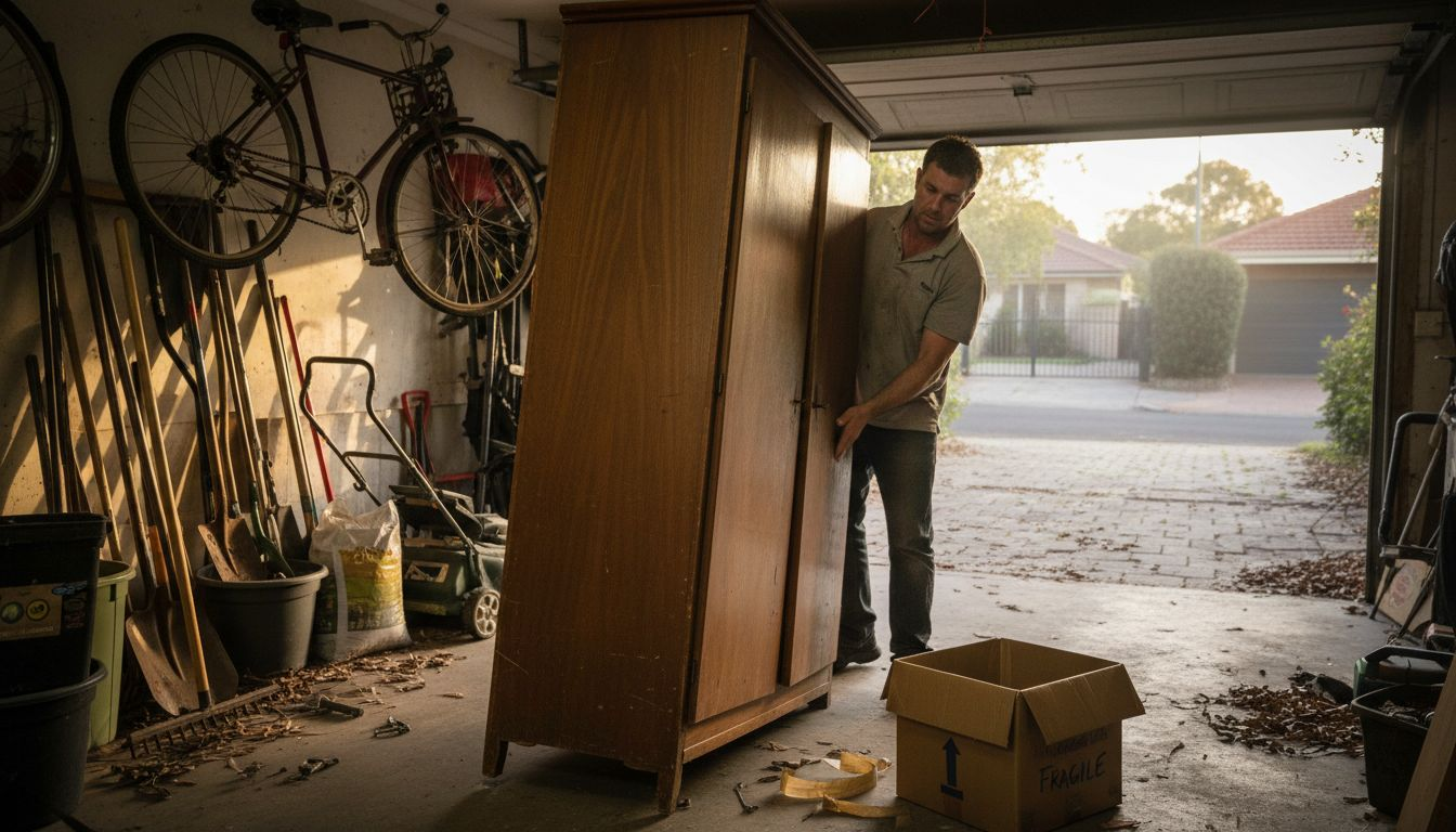 Removalist lifting bulk wardrobe in cluttered garage