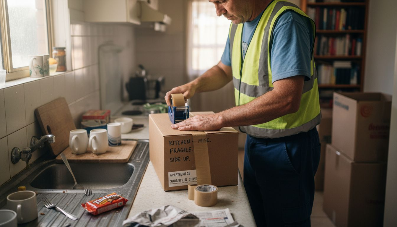 Removalist packing kitchen items in apartment
