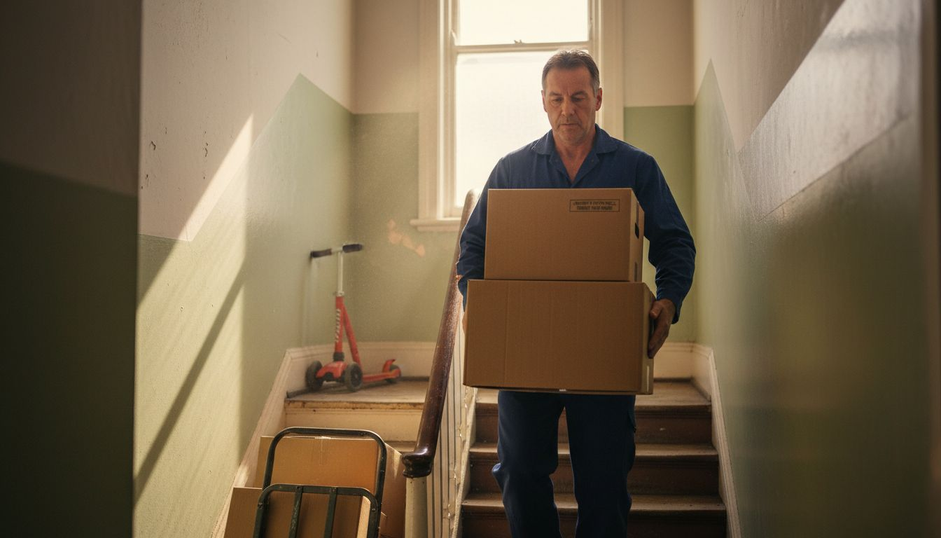 Mover carrying boxes up apartment stairs