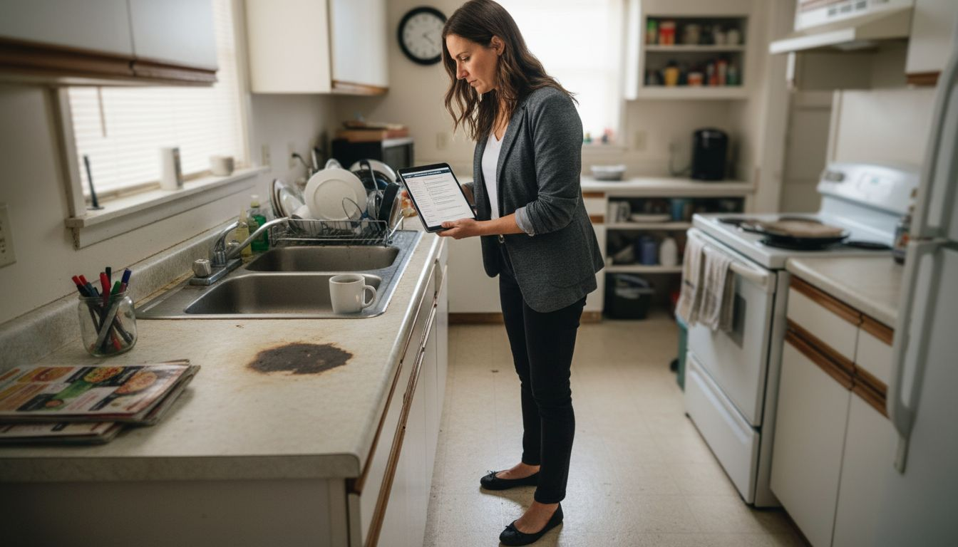 Manager reviews kitchen condition with checklist