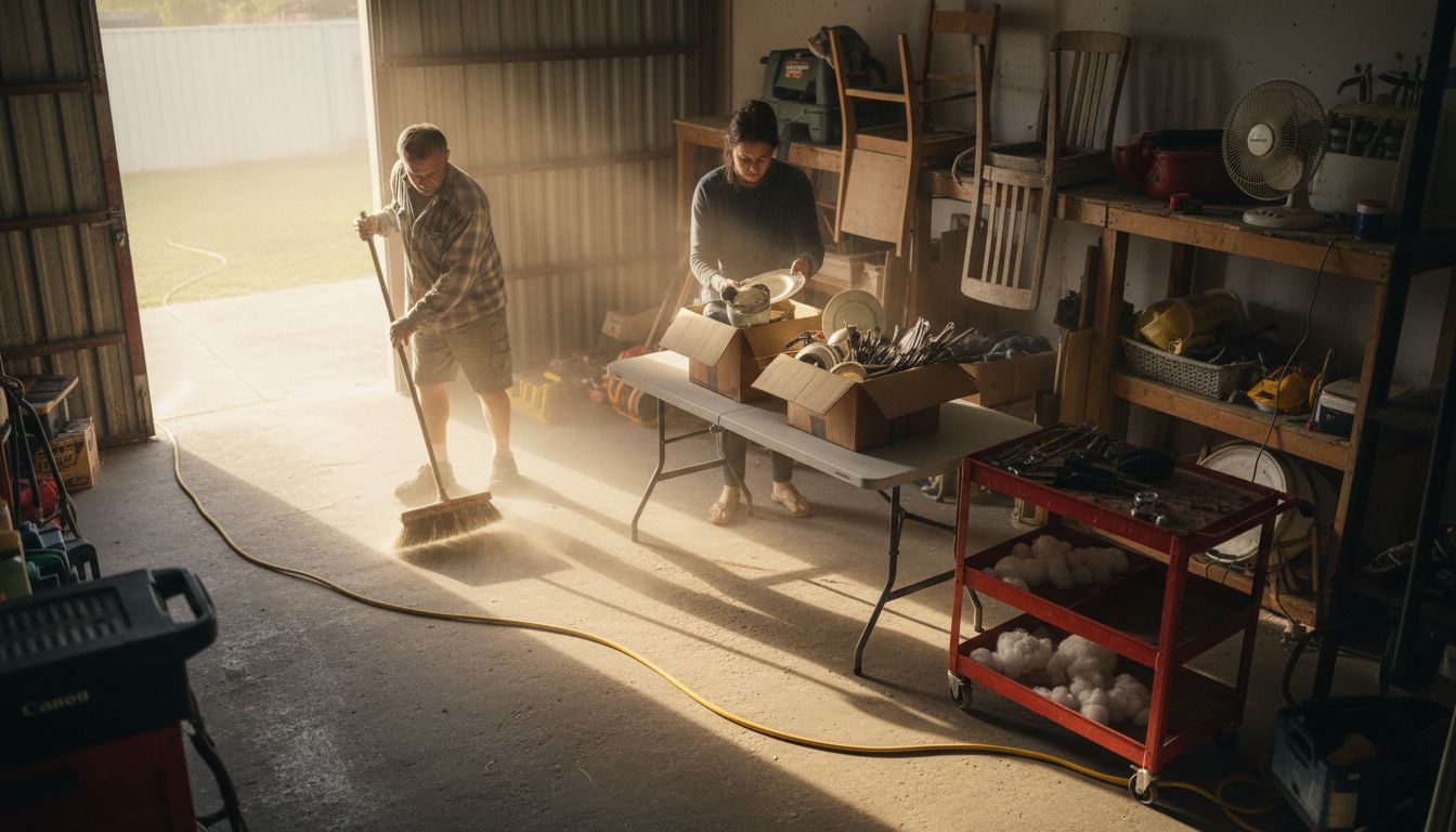 Man and woman cleaning garage for sale