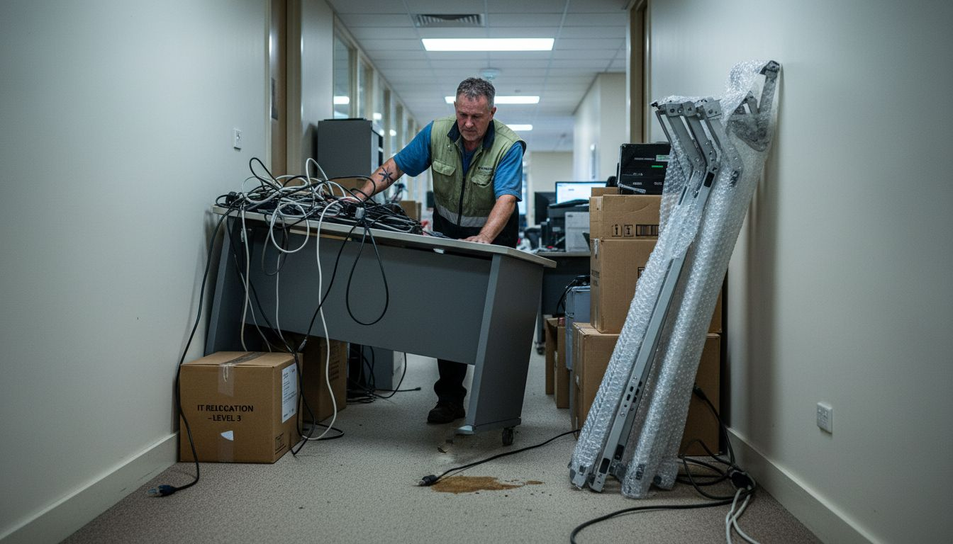 Worker guiding desk through office hallway