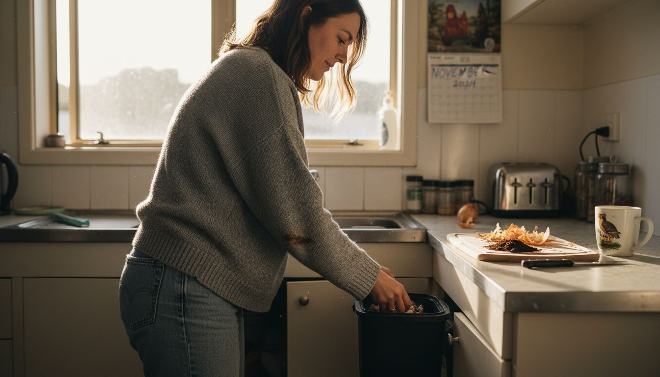 Woman setting up kitchen compost bin indoors
