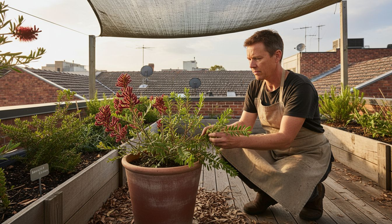 Gardener checking native plants on rooftop