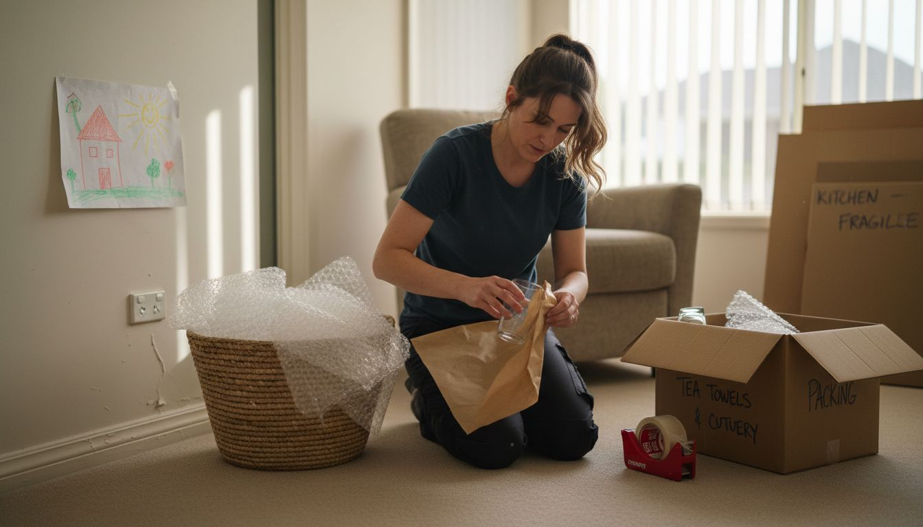 Removalist packing glassware in lounge room