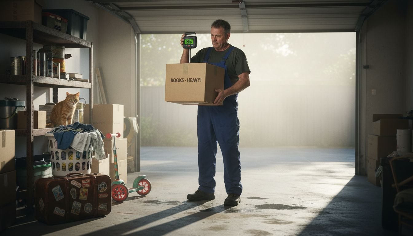 Removalist weighs packed moving box in garage