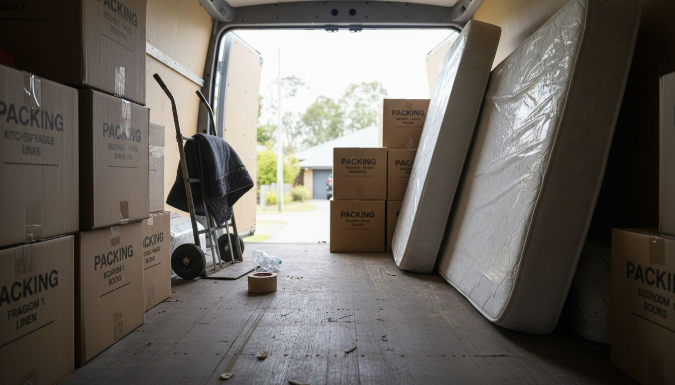 Interior of moving van with boxes and mattress