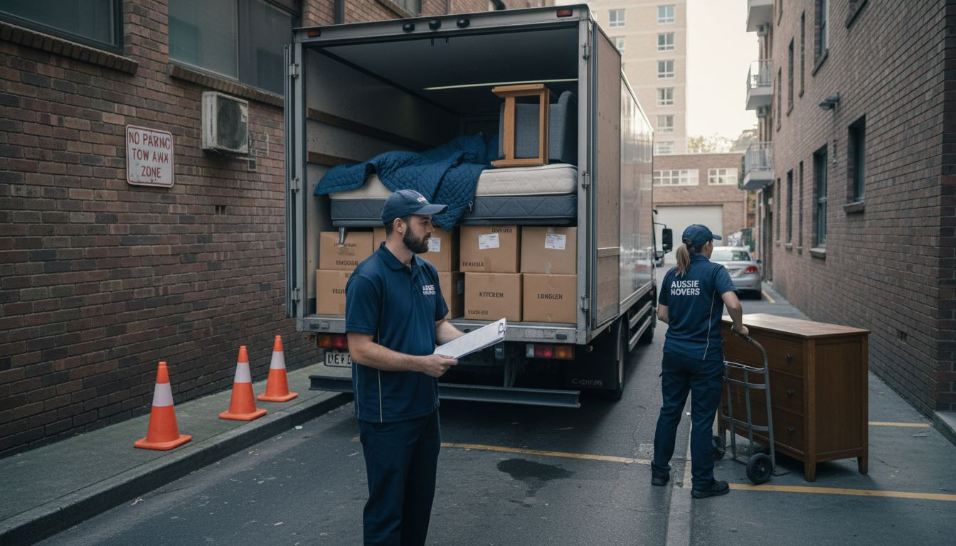 Workers pack shared moving truck in city alley
