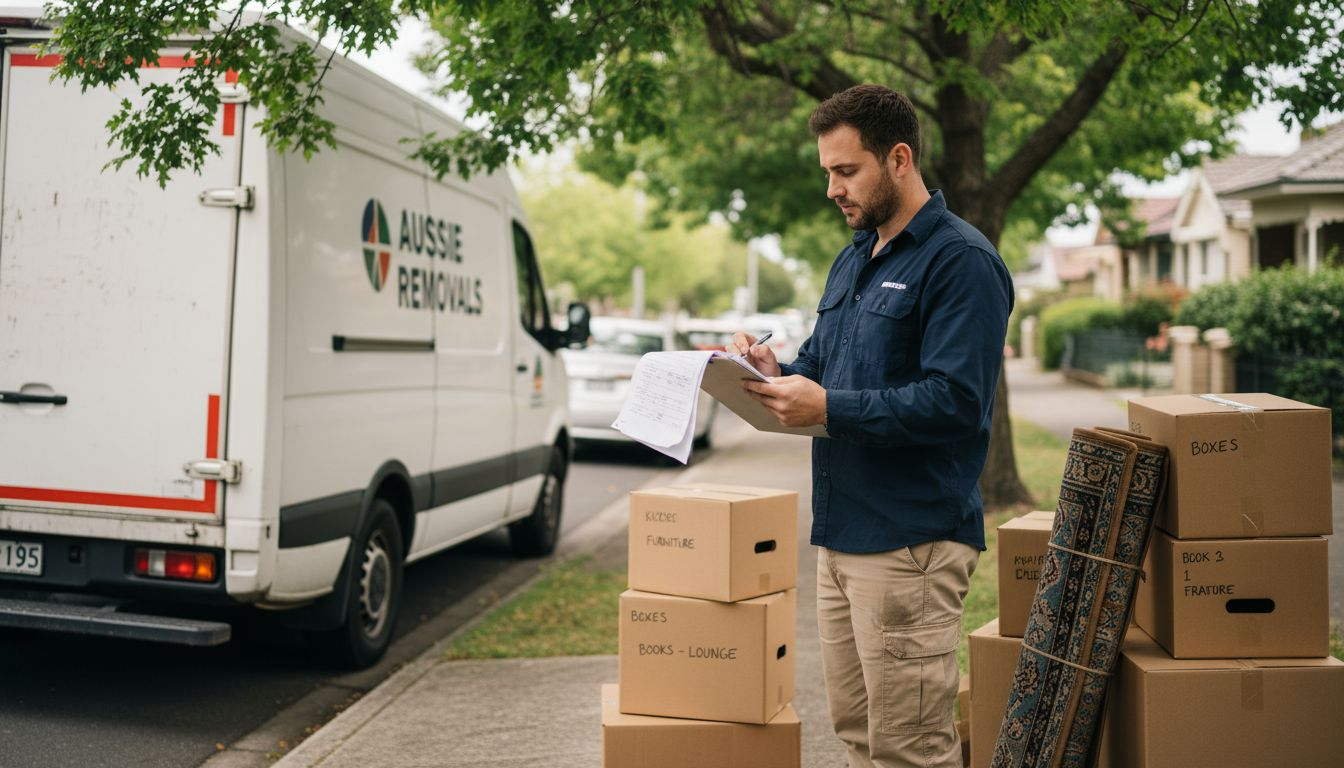 Mover with clipboard beside van and boxes