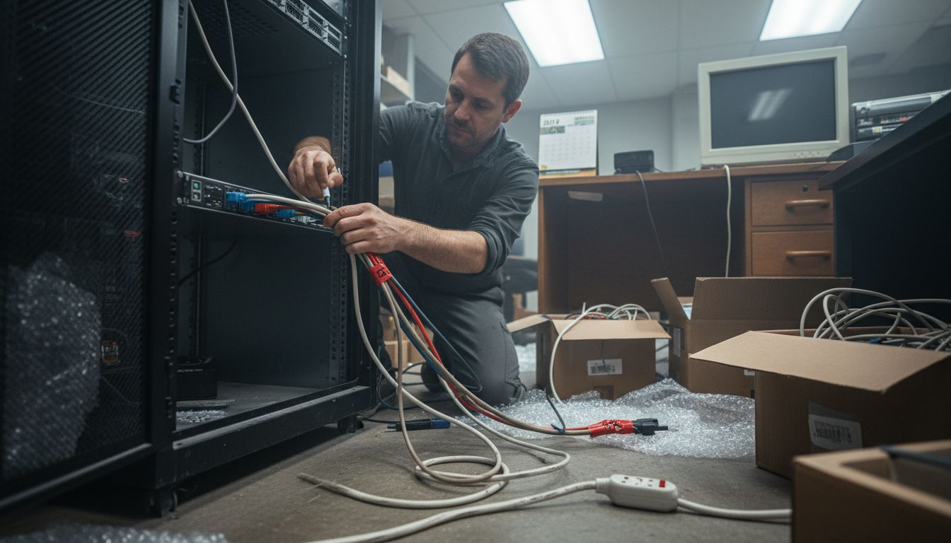 Technician preparing server rack for move