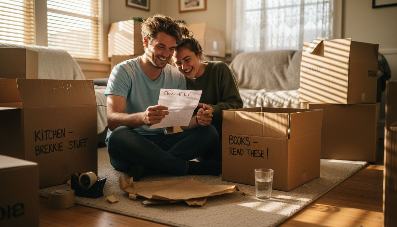 Couple packing moving boxes in living room