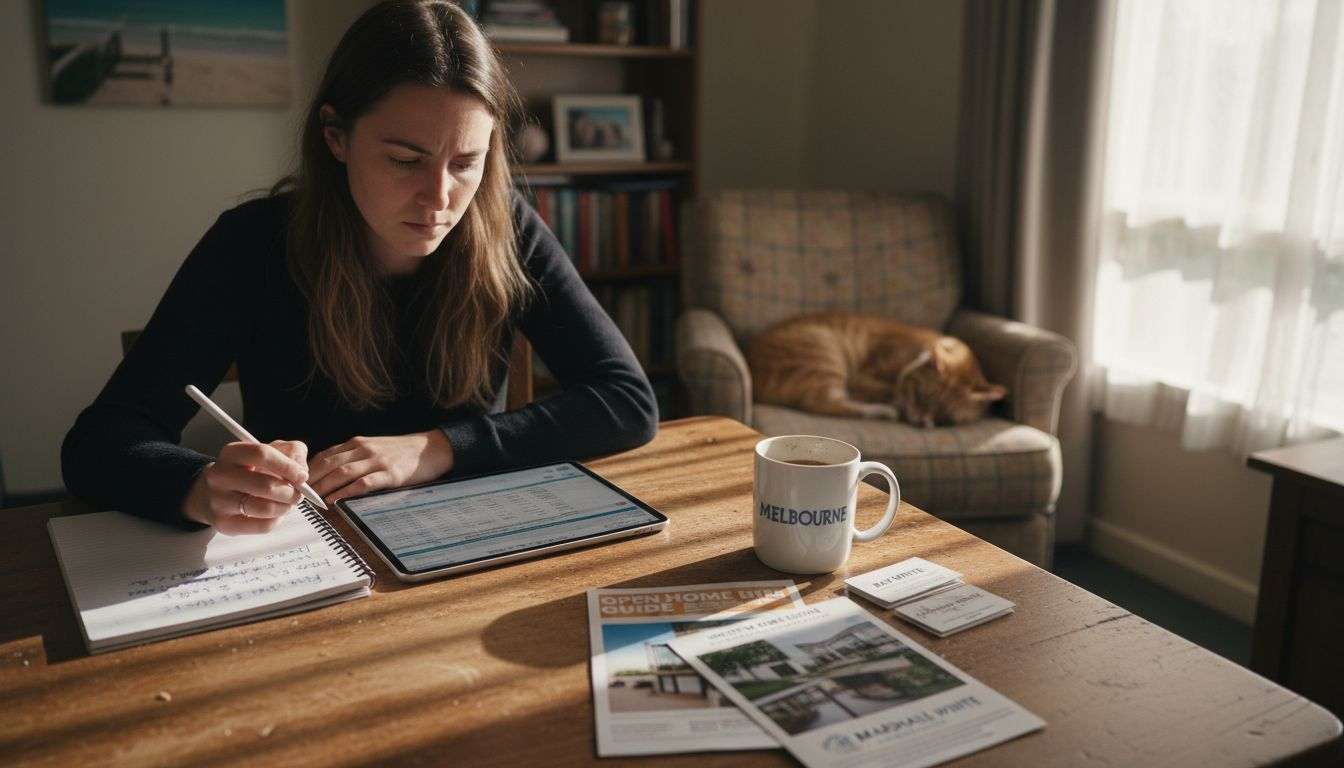 Woman researching Melbourne moving companies at kitchen table