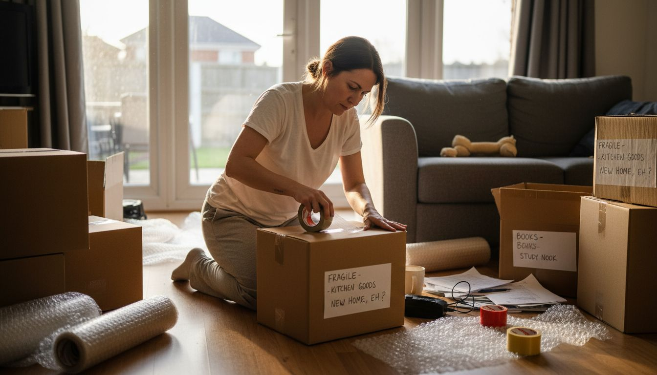 Woman assembles moving boxes with supplies