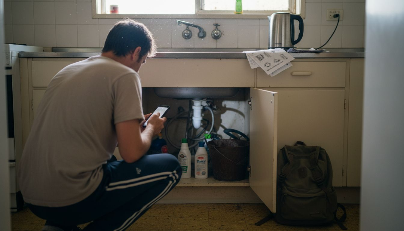 Renter inspecting under kitchen sink for move-in