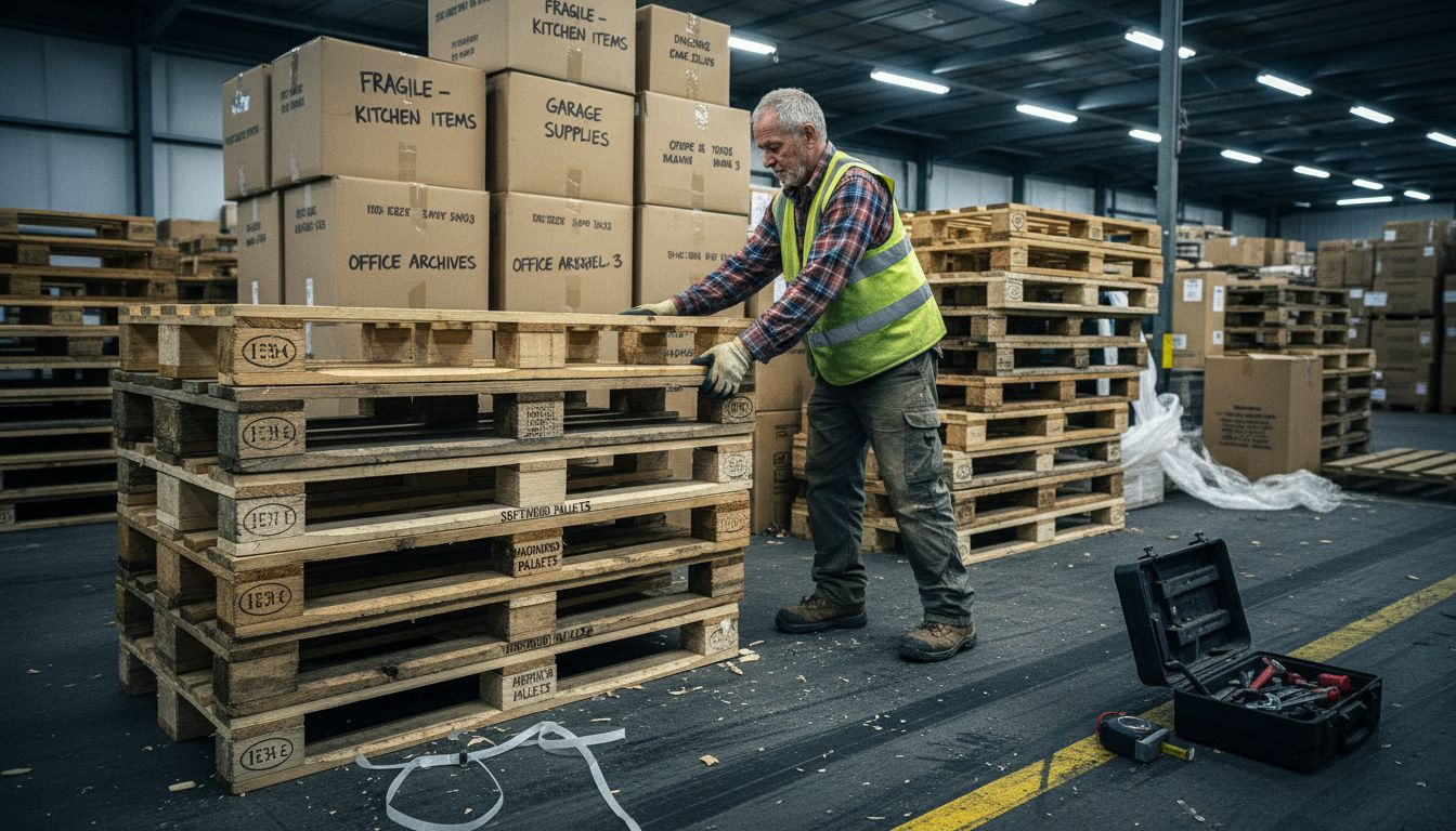Sorting softwood and hardwood pallets in warehouse