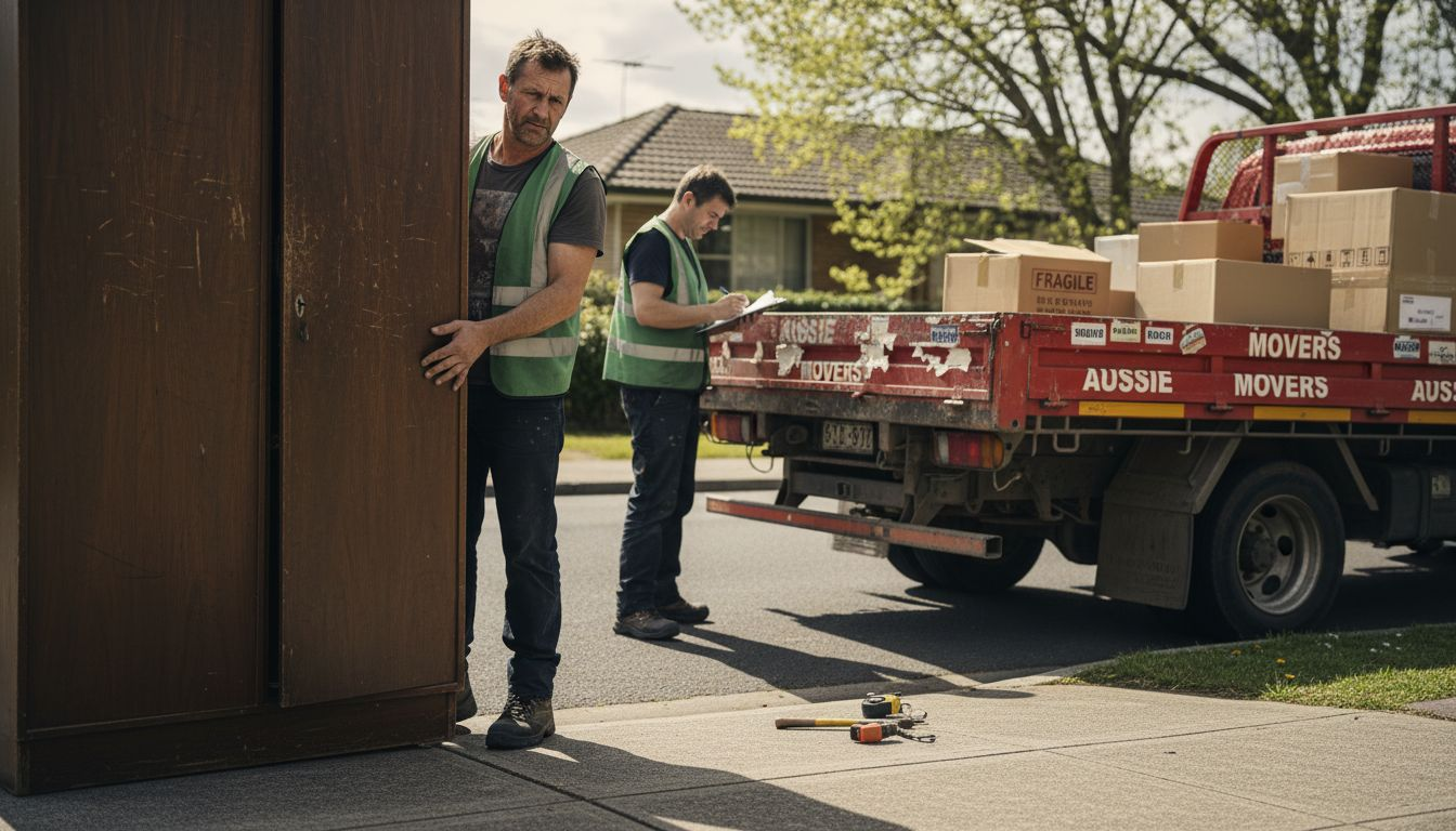 Mover steadies wardrobe near truck curbside