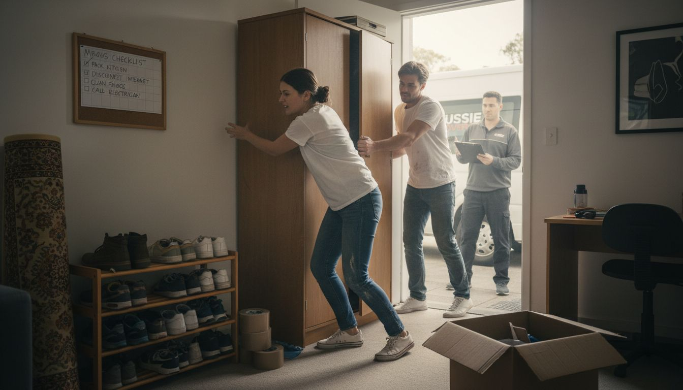 Couple struggling with wardrobe, pro mover outside