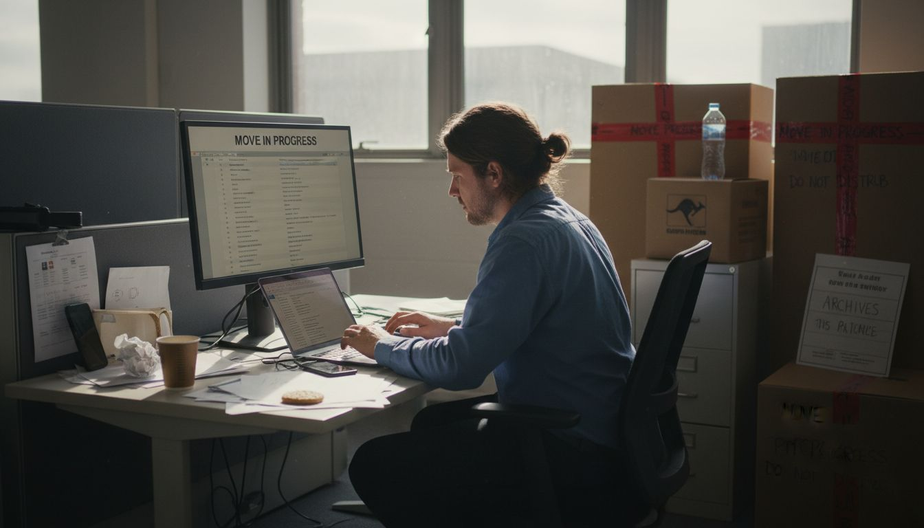 Frustrated worker during office relocation disruption