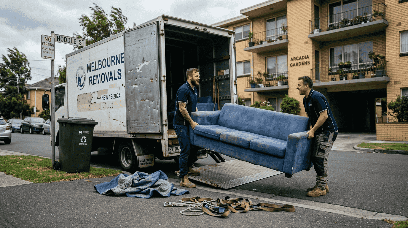 Removalists unloading sofa outside apartment