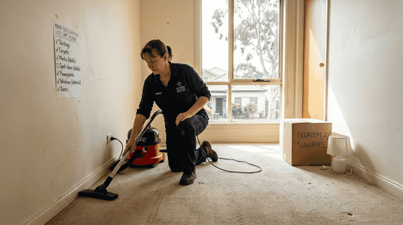 Cleaner vacuuming bedroom corner after move-out