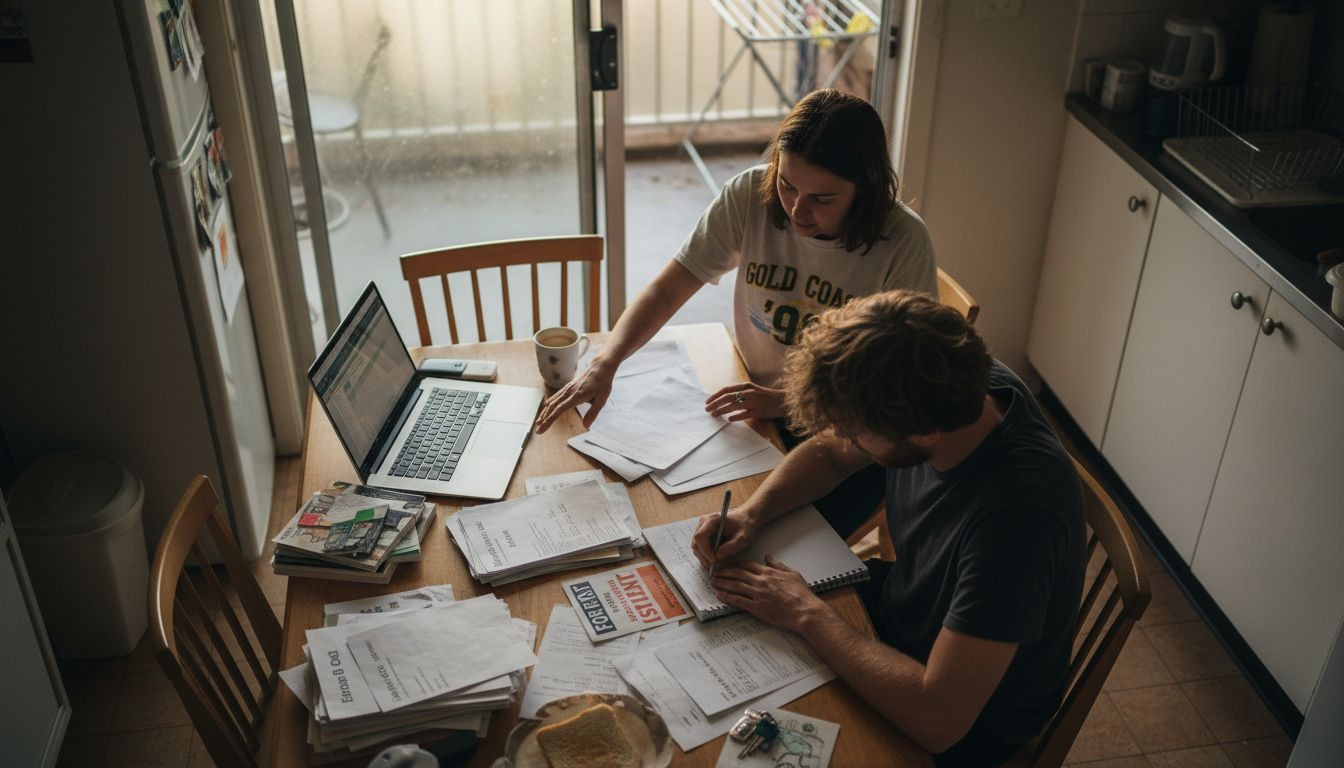 Couple comparing moving quotes at kitchen table