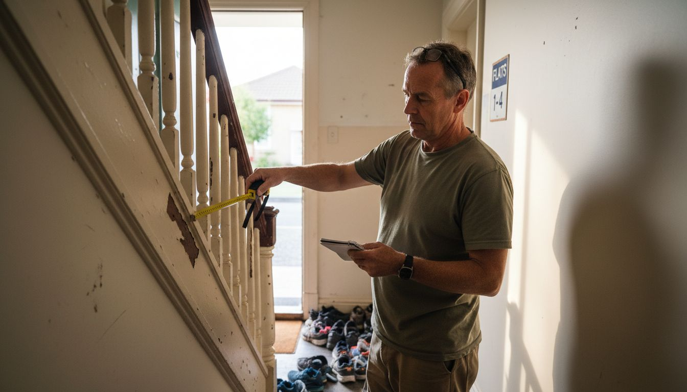 Man examining tight apartment staircase for move