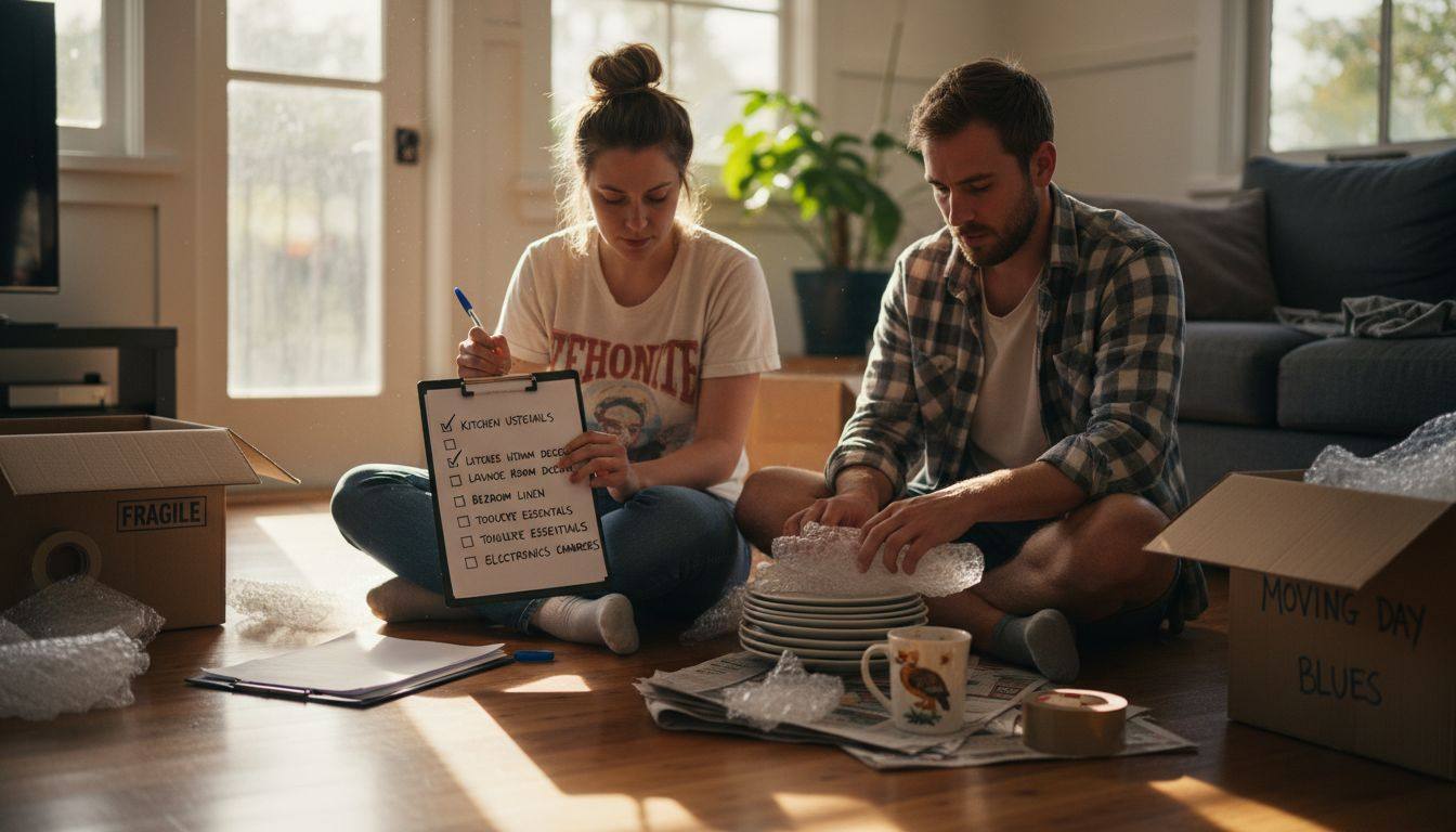 Couple preparing packing checklist on moving day