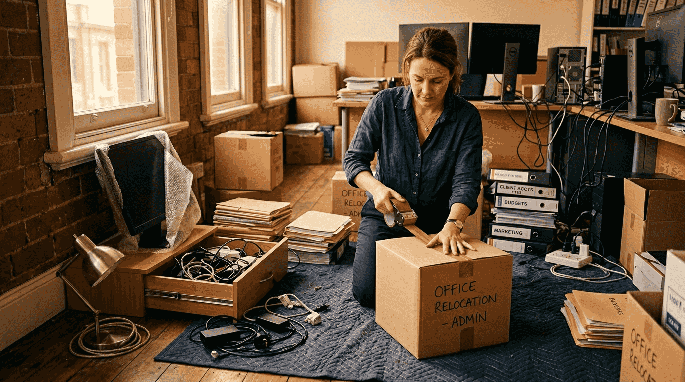 Business employee packing office equipment herself