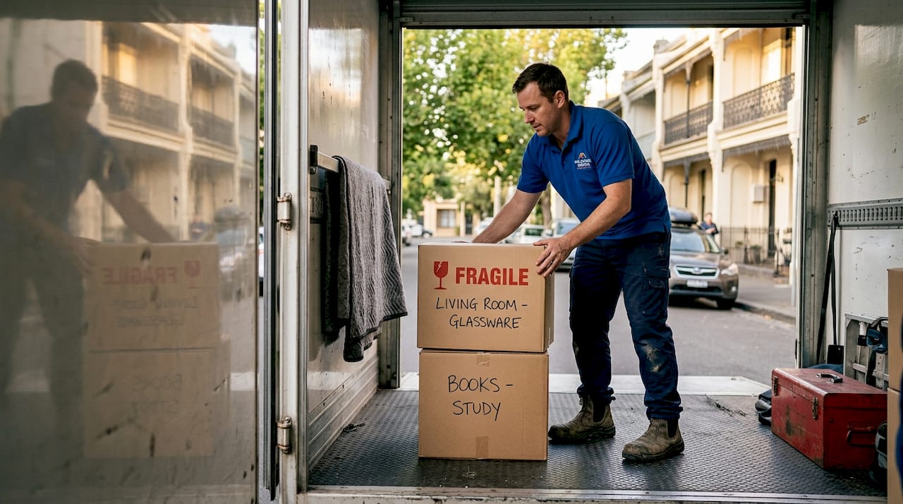 Removalist loading fragile boxes into moving truck