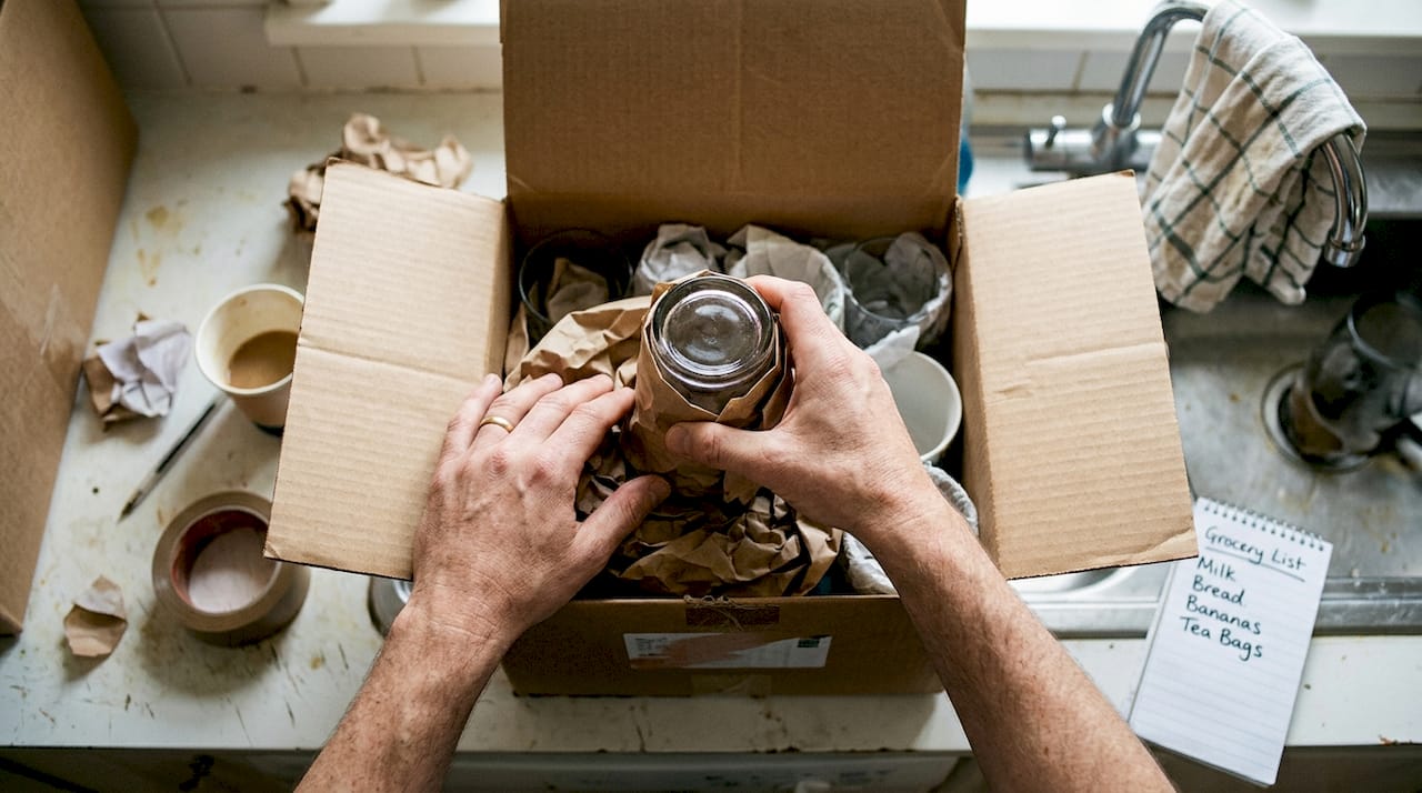 Hands arranging layers in fragile packing box