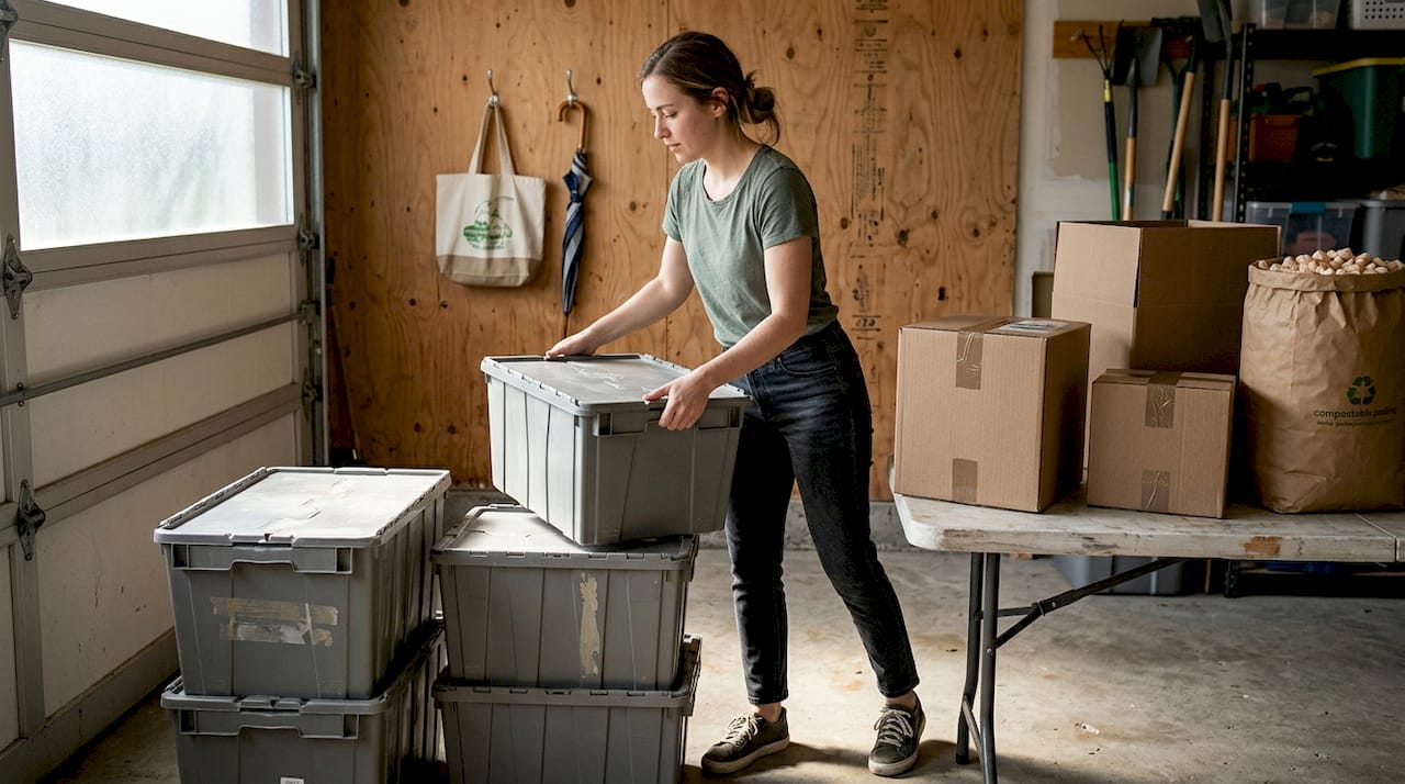 Stacking reusable moving crates in Melbourne garage