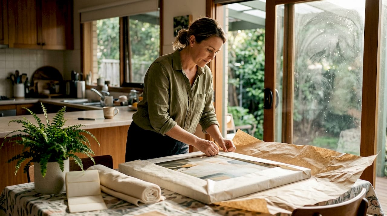 Person packing artwork and plant for moving
