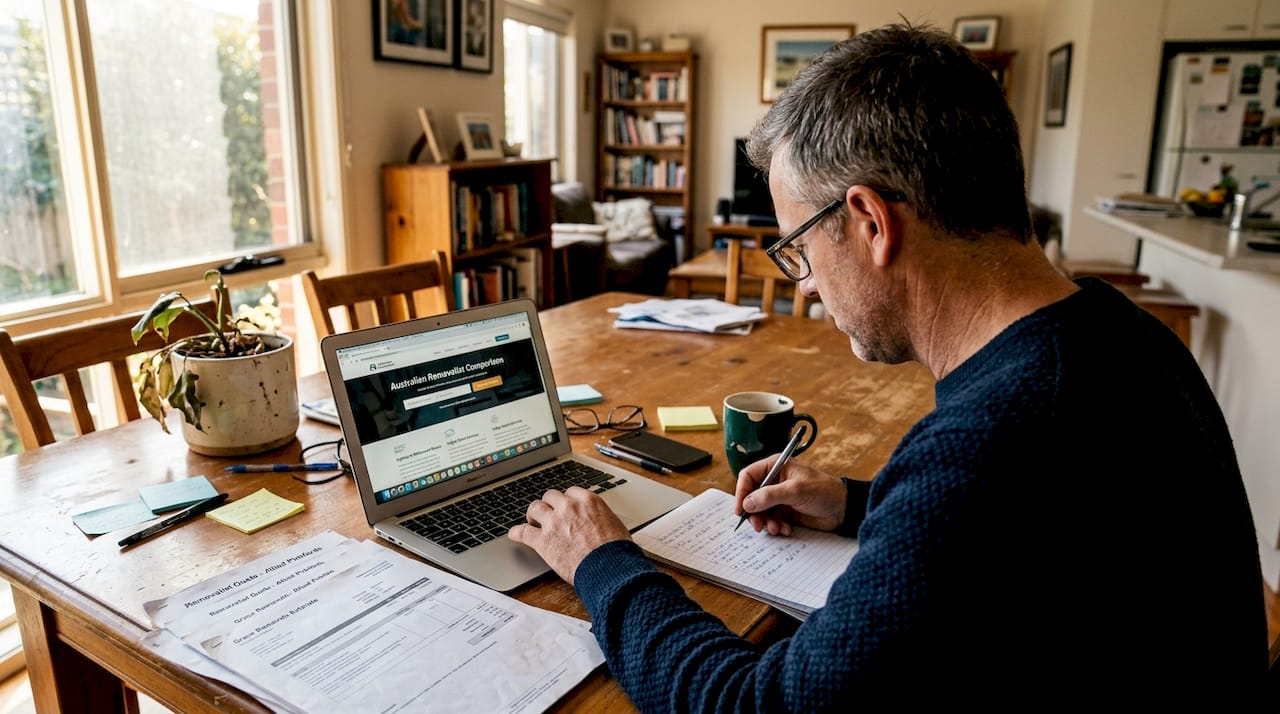 Man comparing removalist quotes at dining table