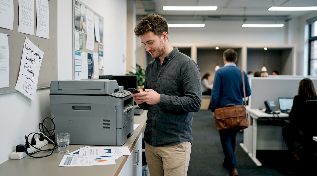 Workstation with shared office amenities in use