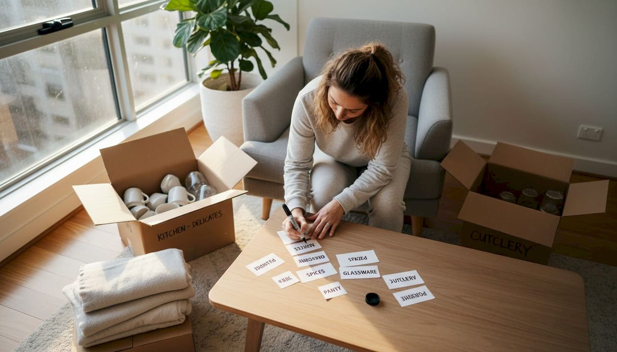 Woman labeling moving boxes on apartment floor