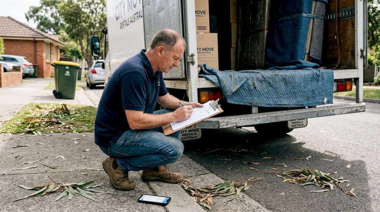 Man comparing moving truck and checklist