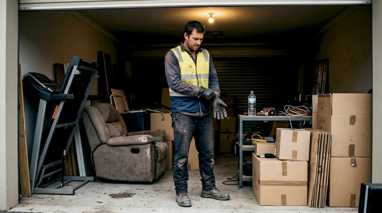 Removalist preparing equipment in cluttered garage