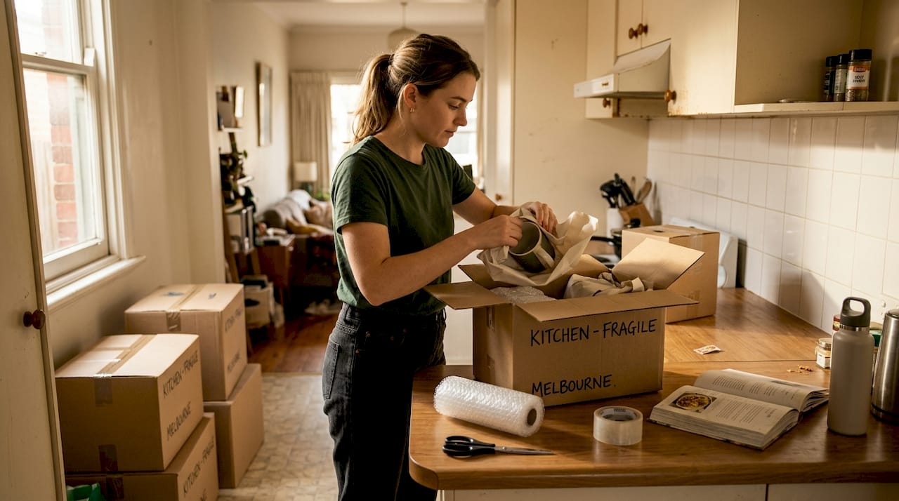 Woman packing kitchen items with safe materials